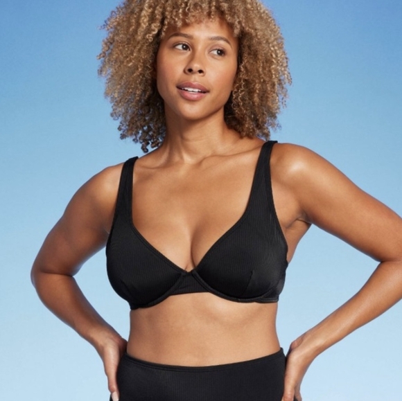 Women's Retro Ribbed Underwire Bikini Top Shade & Shore Black 34D NWT Black - Picture 2 of 8